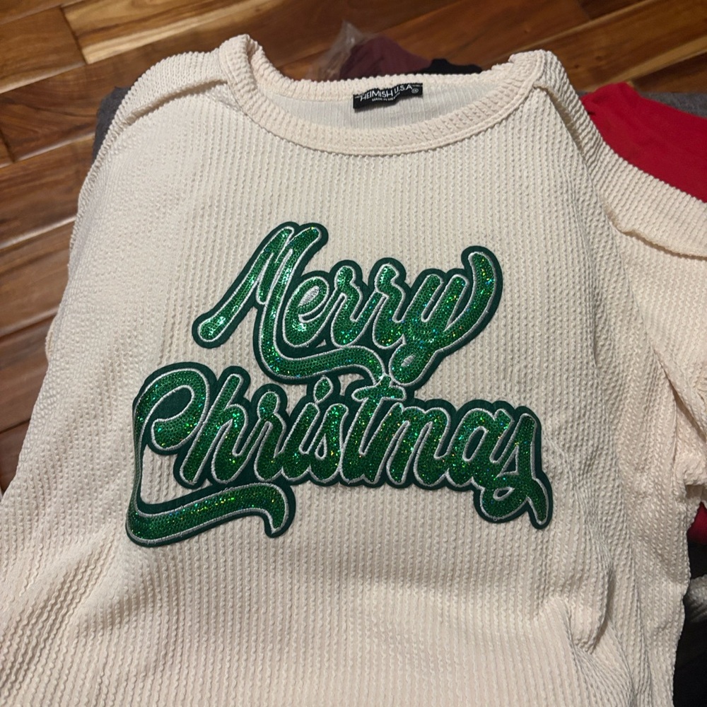 HEIMISH USA Festive Cream Sweater with Green Script